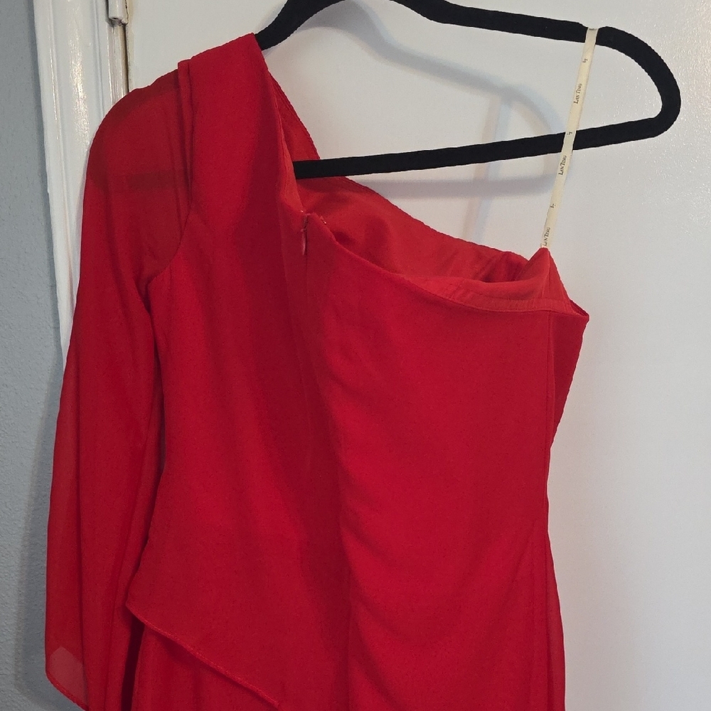 Nwot One-Shoulder Red Wide-Leg Jumpsuit with Sheer Draped Sleeve - Picture 8 of 11
